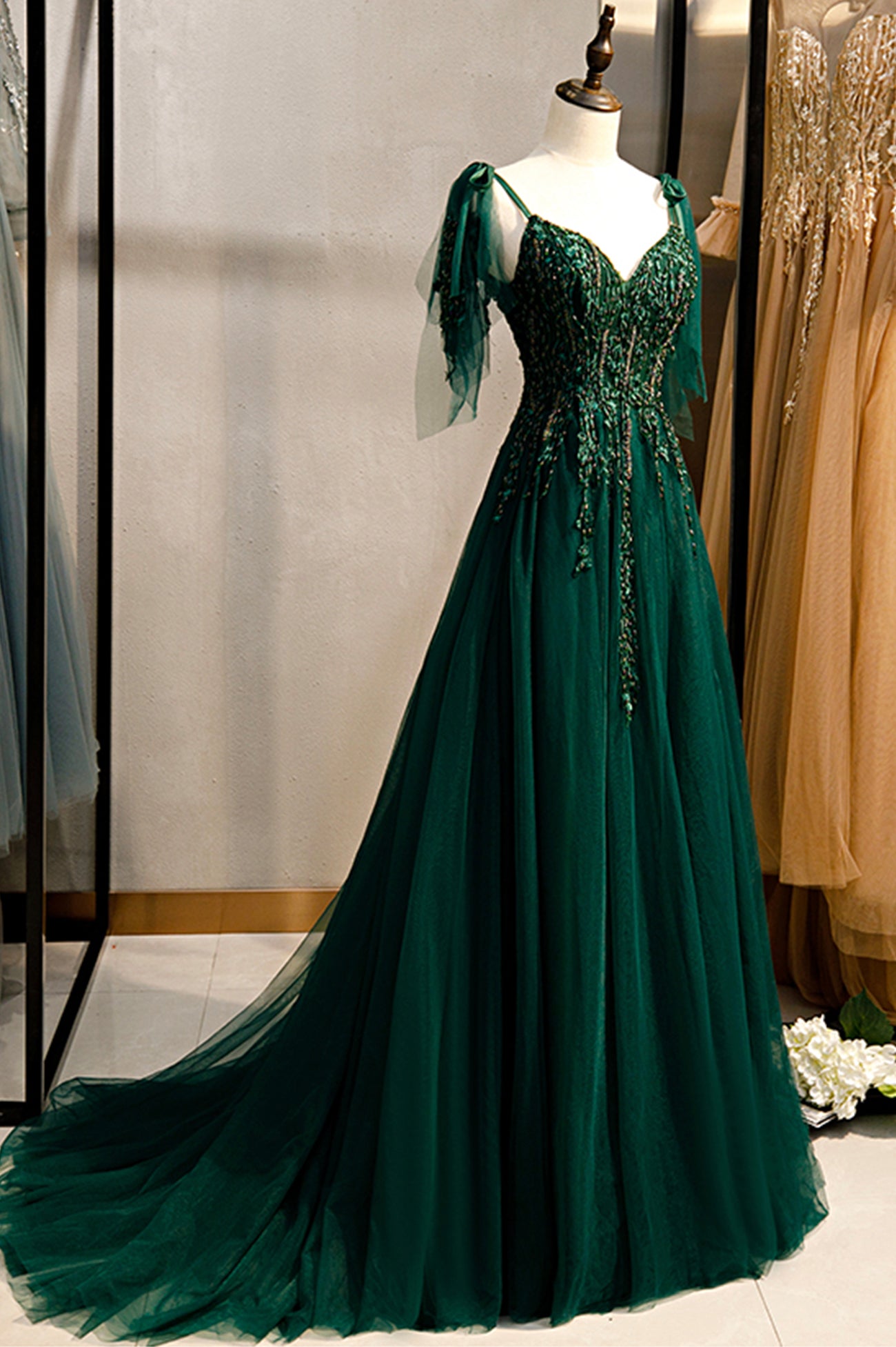 Green V-Neck Lace Long Prom Dresses, A-Line Evening Dresses – Loveydress