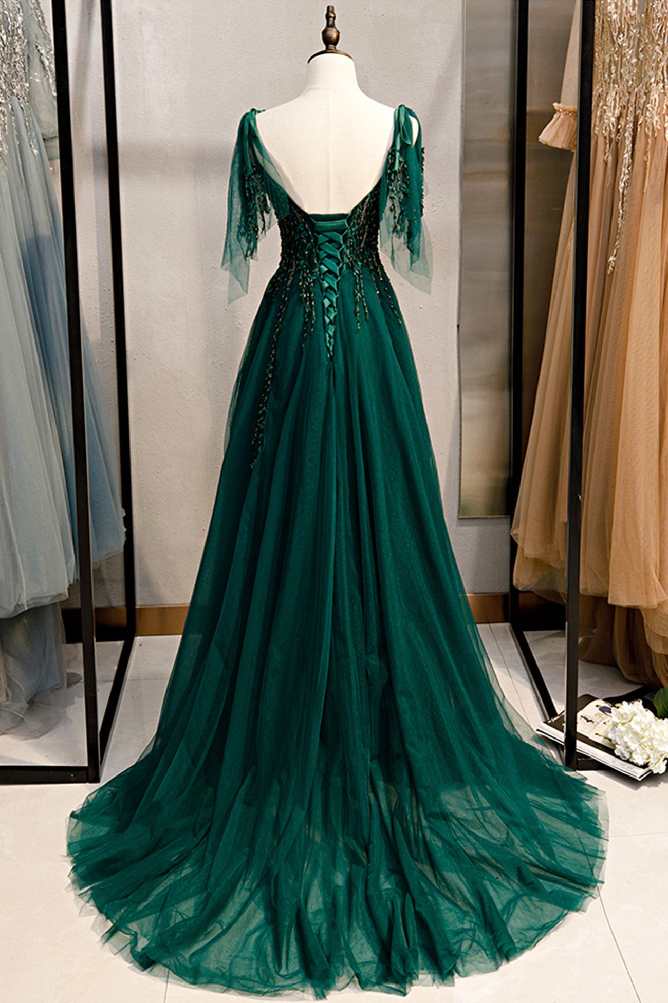 Green V-Neck Lace Long Prom Dresses, A-Line Evening Dresses – Loveydress