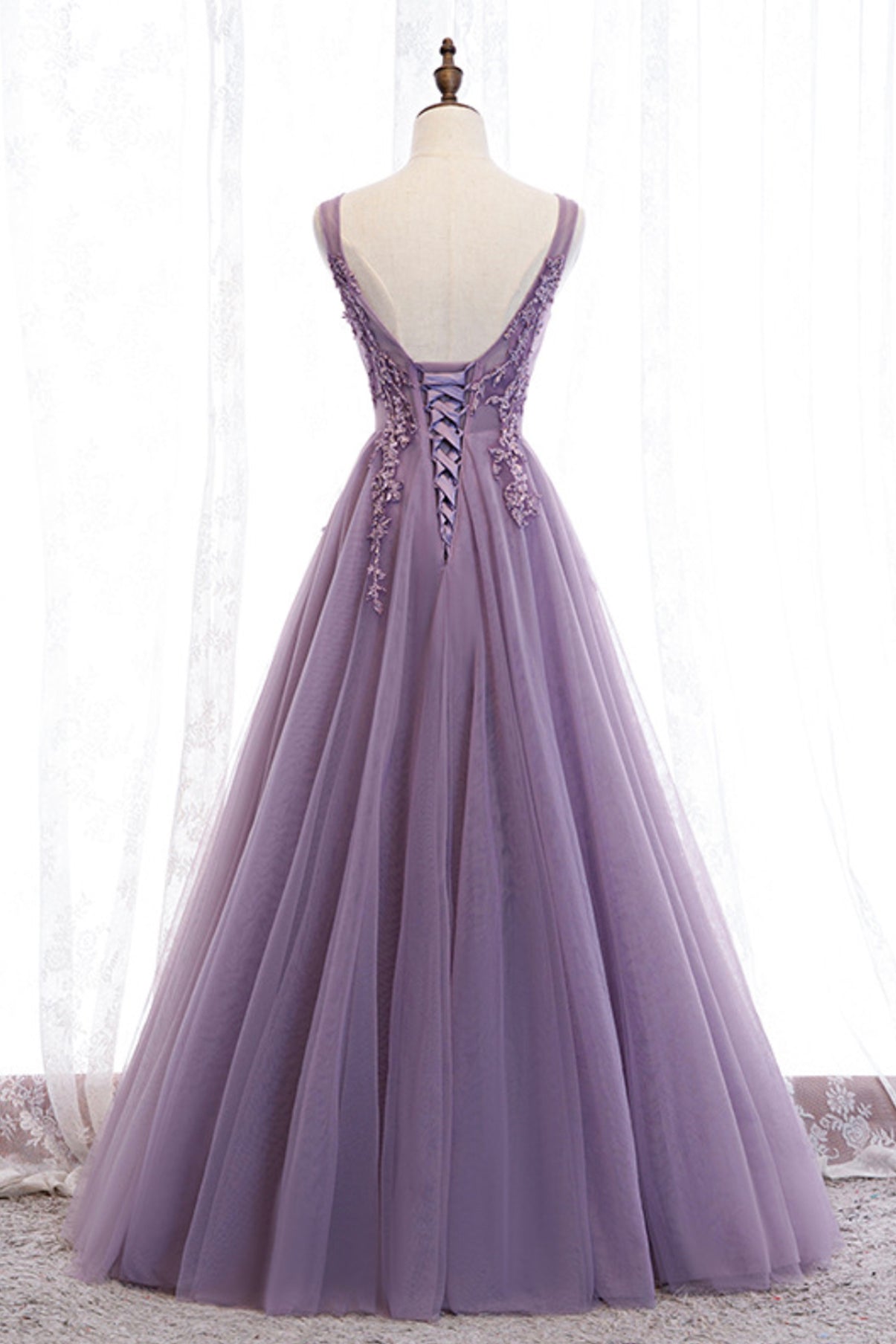 Purple V-Neck Lace Long Prom Dresses, A-Line Evening Party Dresses ...