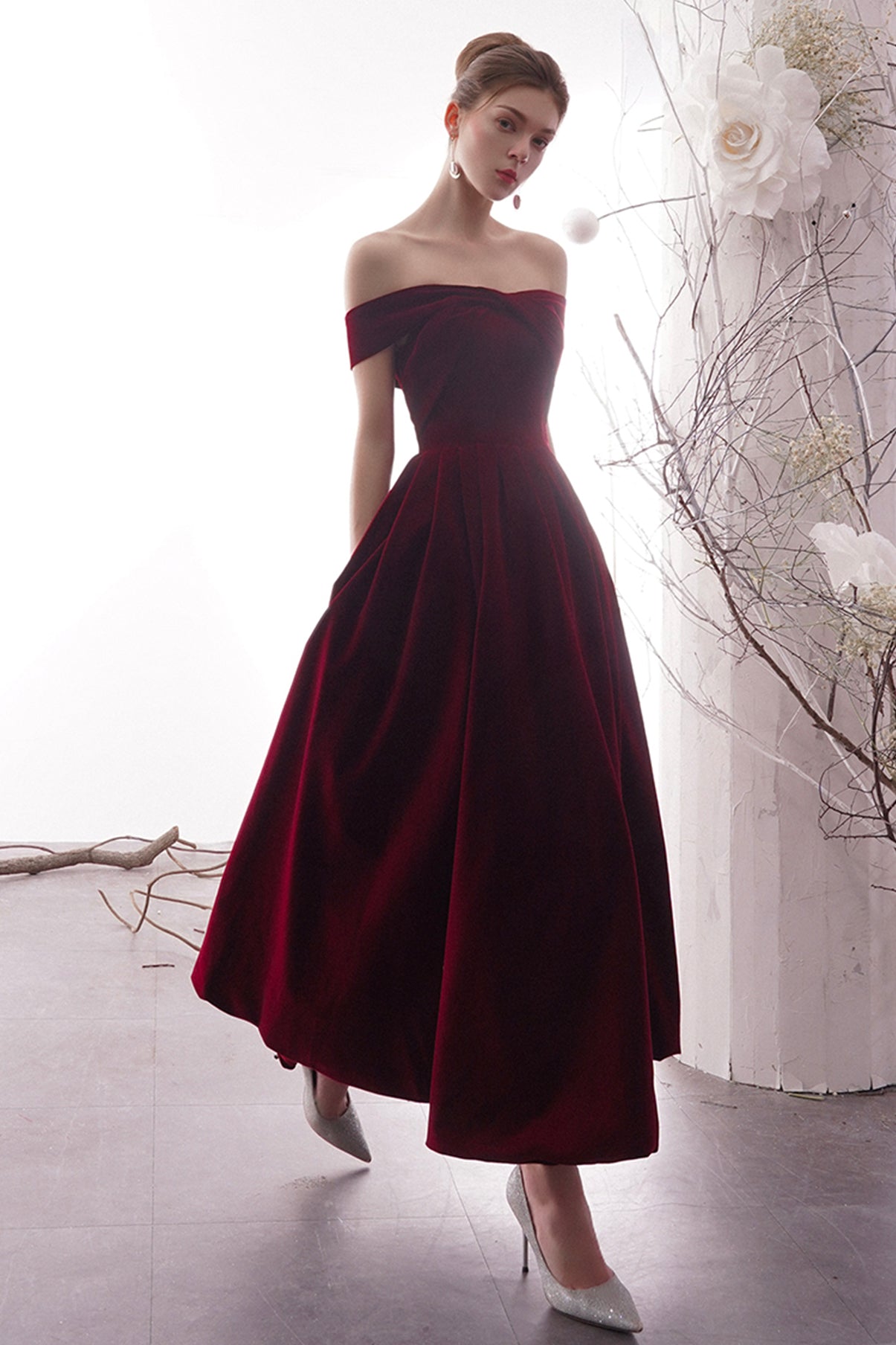Burgundy Velvet Long Prom Dresses, Off the Shoulder Evening Dresses ...