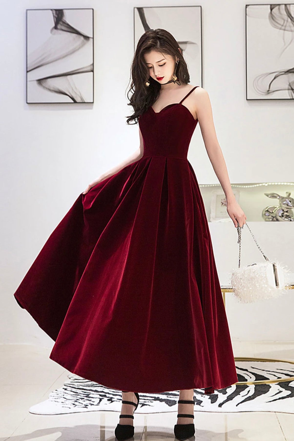 burgundy velvet dress prom Burgundy Velvet Wrap V Neckline Dress