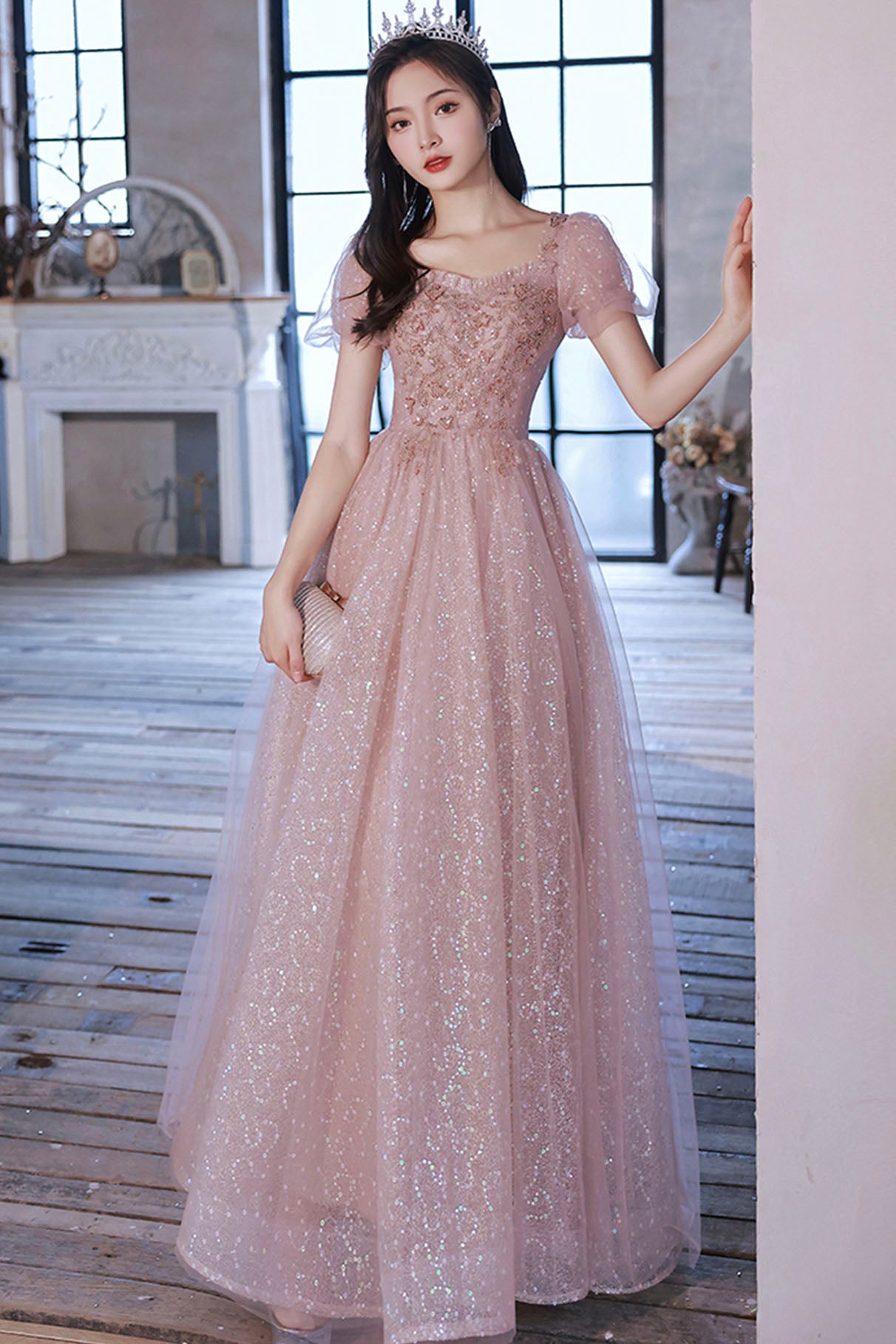 Pink Tulle Sequins Long Prom Dress, A-Line Short Sleeve Evening Dress US 4 / Custom Color