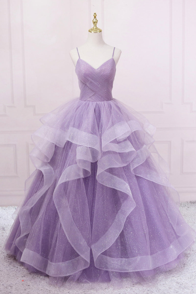 Purple Tulle Long Prom Dress, A-Line Spaghetti Strap Evening Gown ...