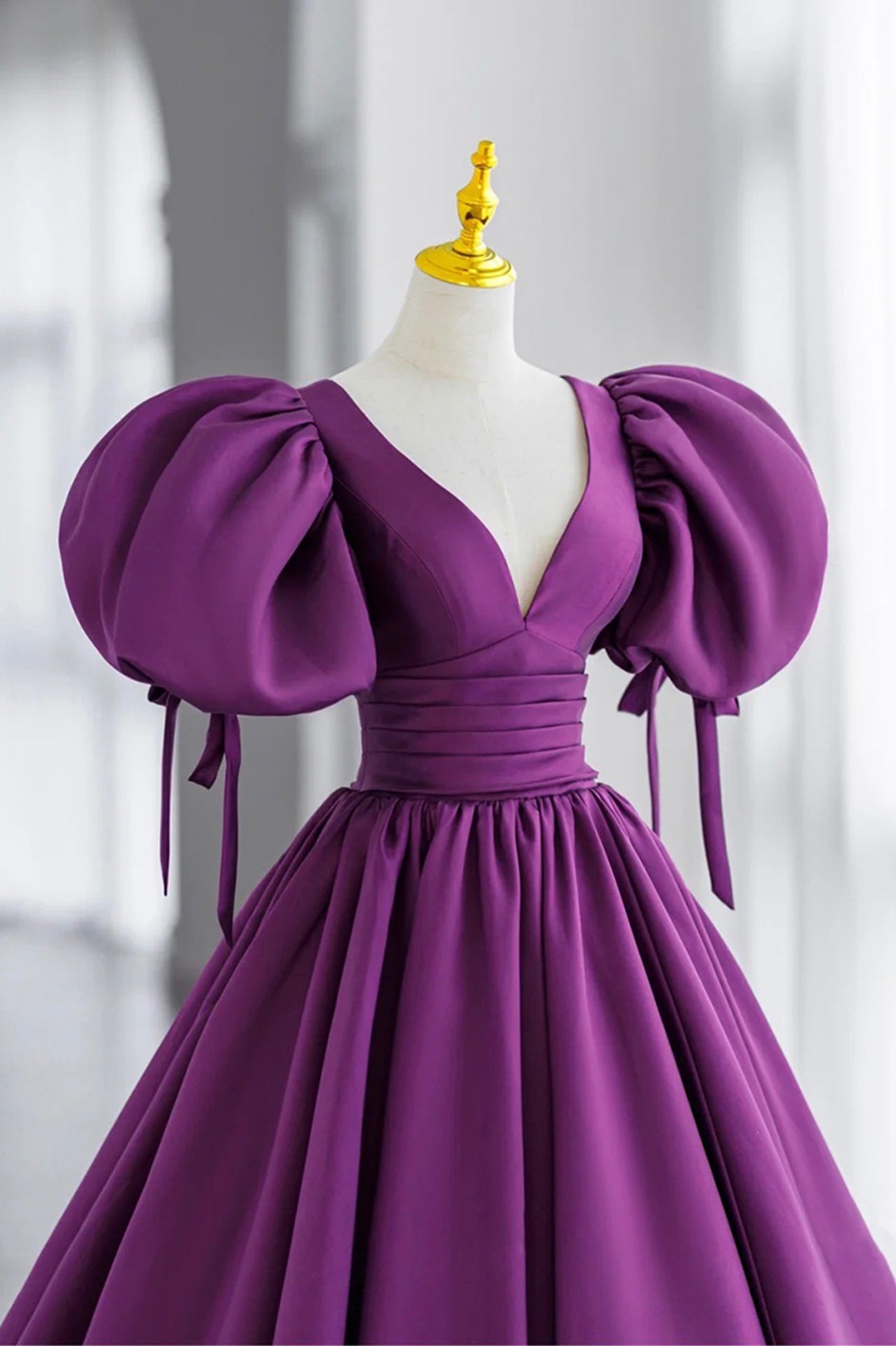 purple puff sleeve dress Purple Puff Sleeves Satin Long Prom Dress, V-Neck Evening Dress US 16 / Purple