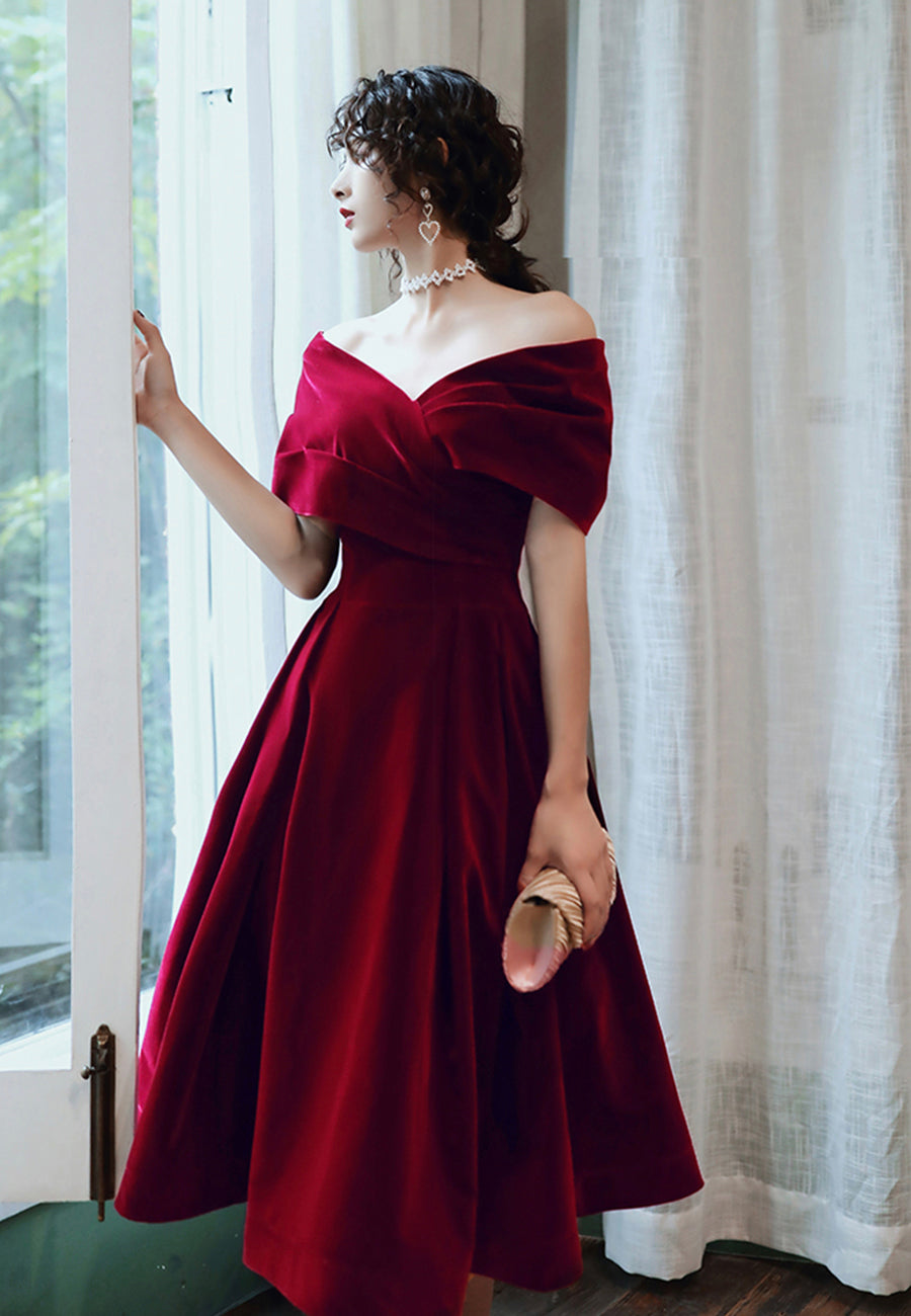 Burgundy Velvet Short Prom Dresses, A-Line Off The Shoulder Evening Dresses US 8 / Burgundy Burgundy Velvet Short Prom Dresses, A-Line Off The Shoulder Evening Dresses US 8 / Burgundy