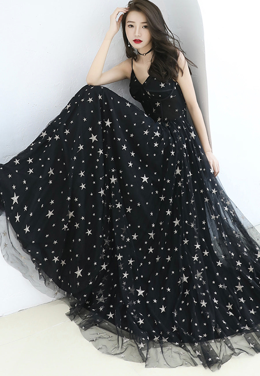 Black Tulle Long A-Line Prom Dresses, Black Star Evening Dresses