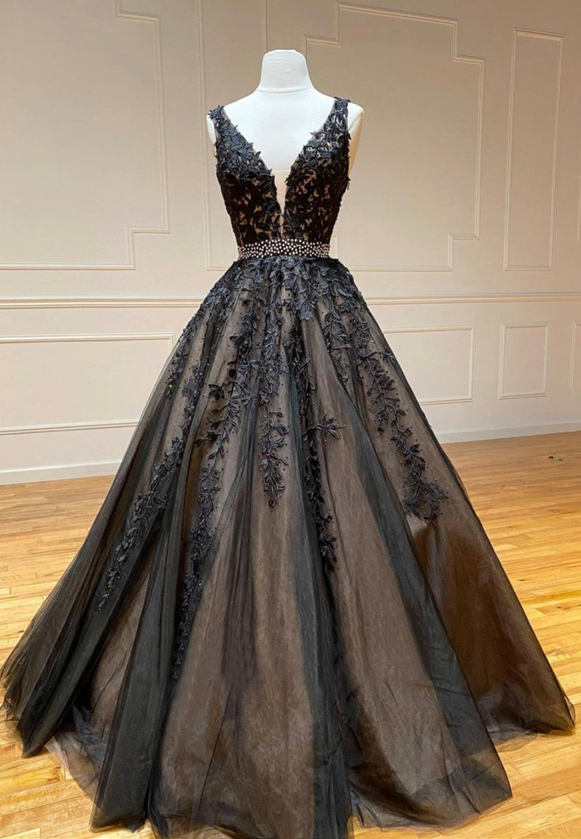 Black V-Neck Lace Long Prom Dresses, A-Line Evening Dresses – Loveydress