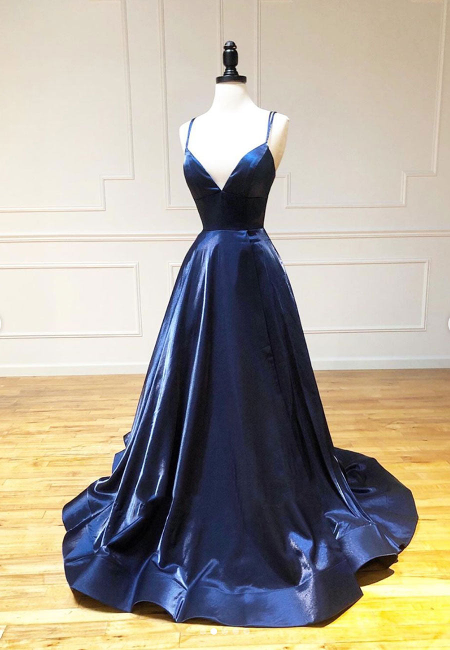 Simple Satin Long Prom Dresses, A Line Blue Evening Dresses Custom Size / Blue Simple Satin Long Prom Dresses, A Line Blue Evening Dresses Custom Size / Blue