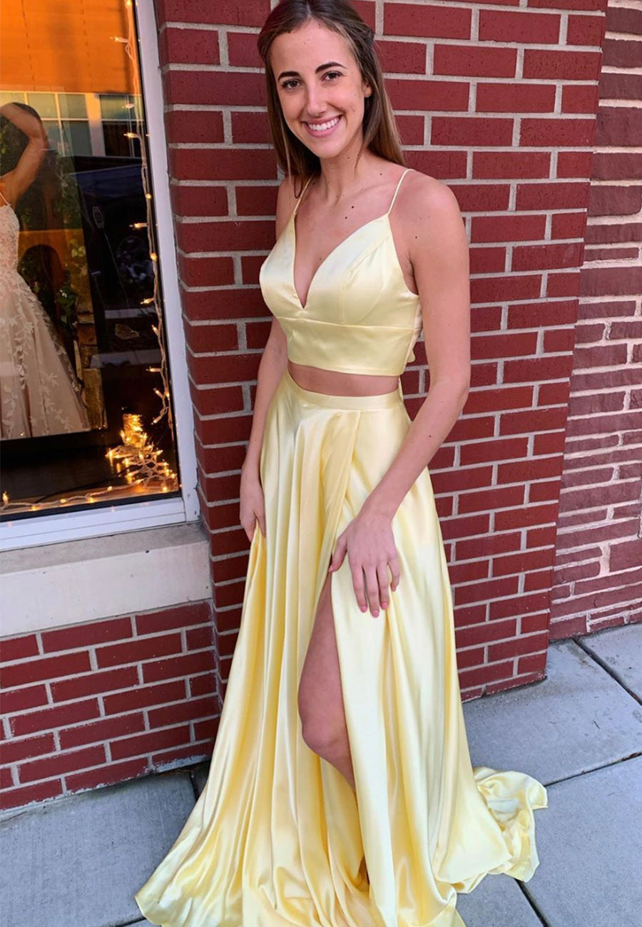Yellow Satin Long Prom Dresses, A-Line Two Pieces Evening Dresses ...