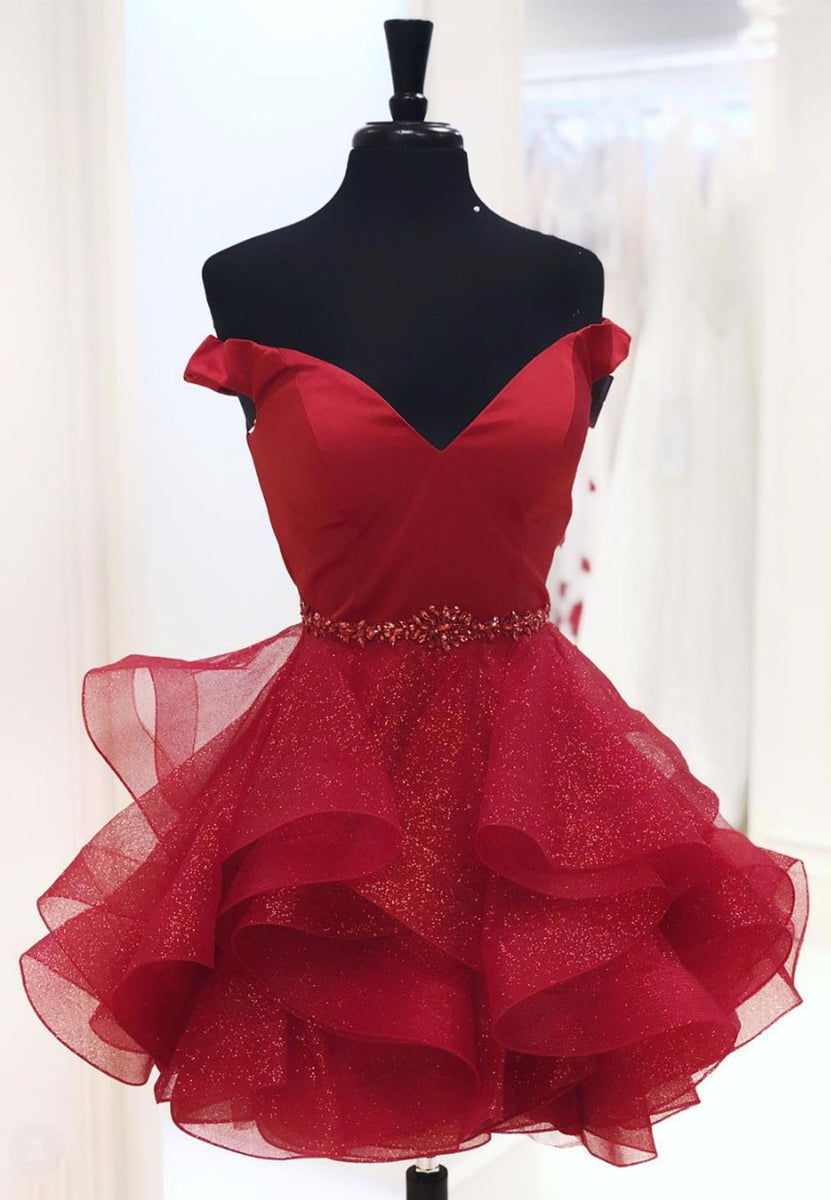 Burgundy V-Neck Off the Shoulder Short Prom Dresses – Loveydress