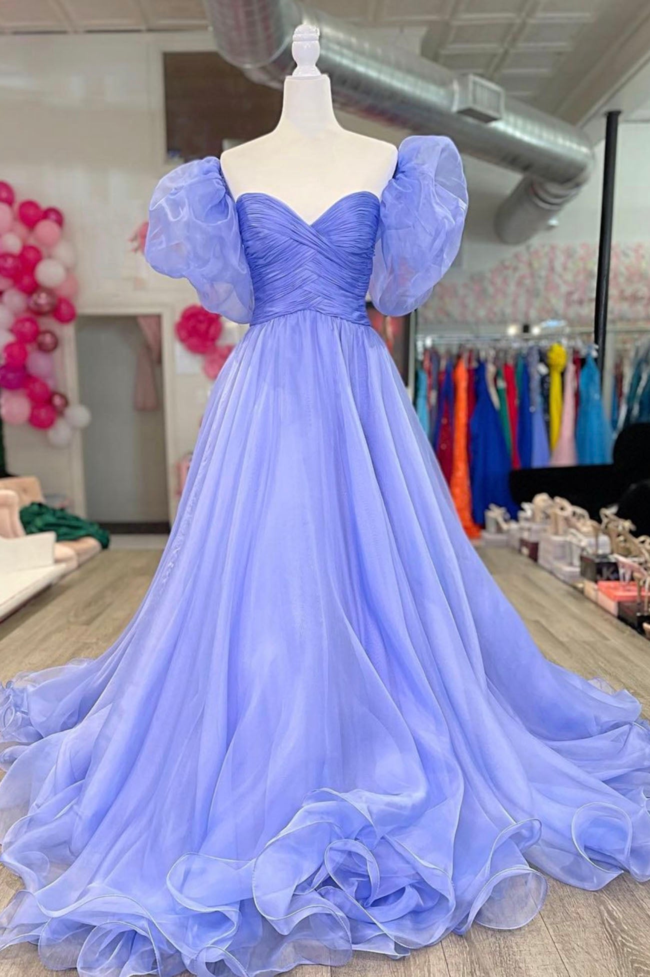 A-Line Organza Long Prom Dress, Lovely Puff Sleeve Evening Dress US 2 / Picture Color A-Line Organza Long Prom Dress, Lovely Puff Sleeve Evening Dress US 2 / Picture Color