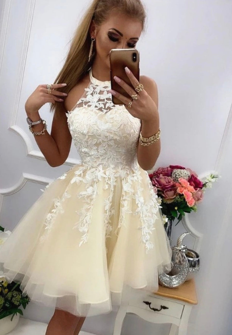 Champagne Lace Short Prom Dresses, A-Line Homecoming Dresses US 2 / Champagne Champagne Lace Short Prom Dresses, A-Line Homecoming Dresses US 2 / Champagne