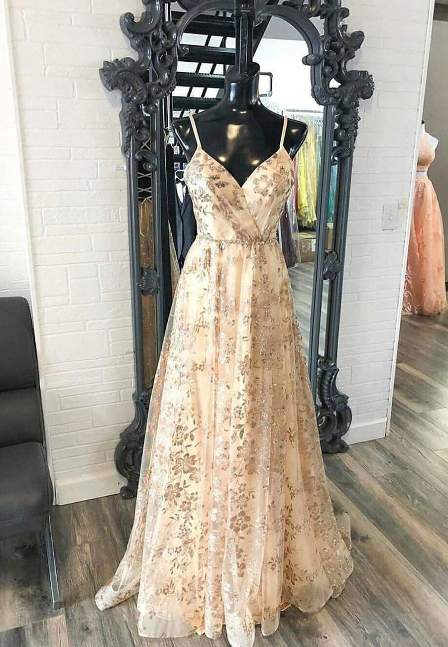 Champagne V-Neck Sequins Long Prom Dresses, A-Line Evening Dresses US 16 / Champange Champagne V-Neck Sequins Long Prom Dresses, A-Line Evening Dresses US 16 / Champange