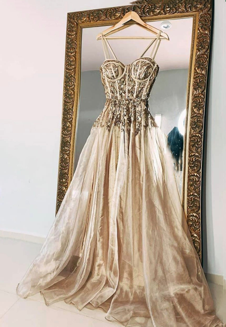 Gold Spaghetti Strap Sequins Long Prom Dresses US 14 / Custom Color Gold Spaghetti Strap Sequins Long Prom Dresses US 14 / Custom Color