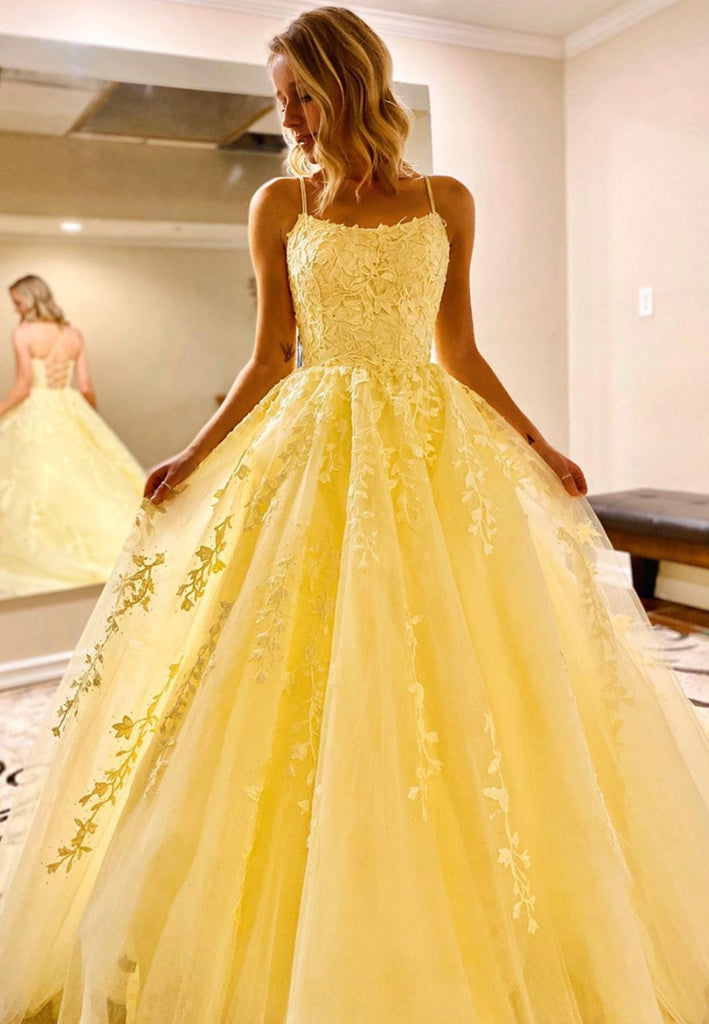 Yellow Lace Long Prom Dresses, A-Line Evening Dresses – Loveydress