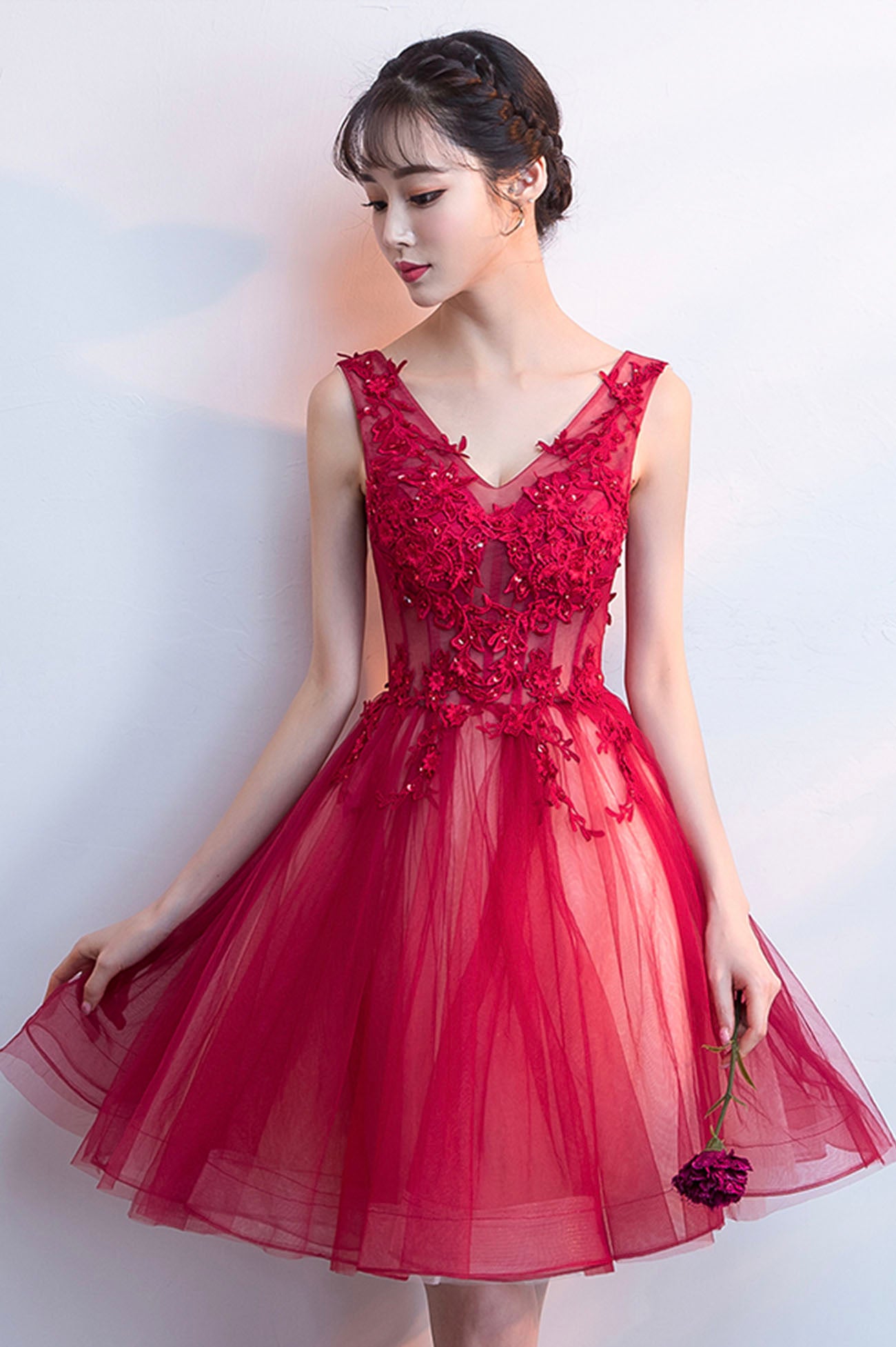 red tulle dress short Red sweetheart tulle short prom dress red homecoming dress