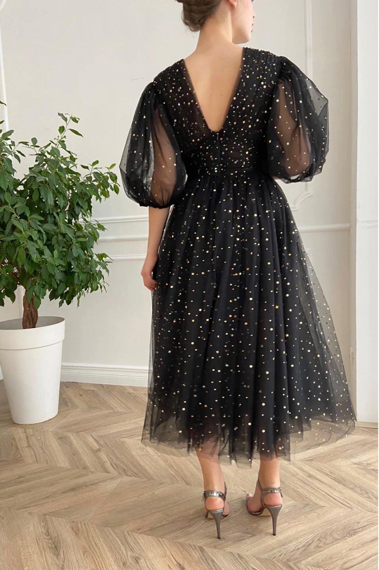 Black Tulle Short A-Line Prom Dress, Lovely Puff Sleeve Evening Dress ...