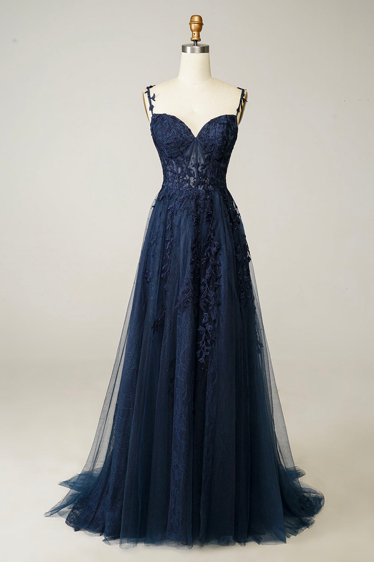 Navy Tulle and Lace Long Prom Dress, Lovely Spaghetti Strap Evening Dress US 2 / Custom Color Navy Tulle and Lace Long Prom Dress, Lovely Spaghetti Strap Evening Dress US 2 / Custom Color
