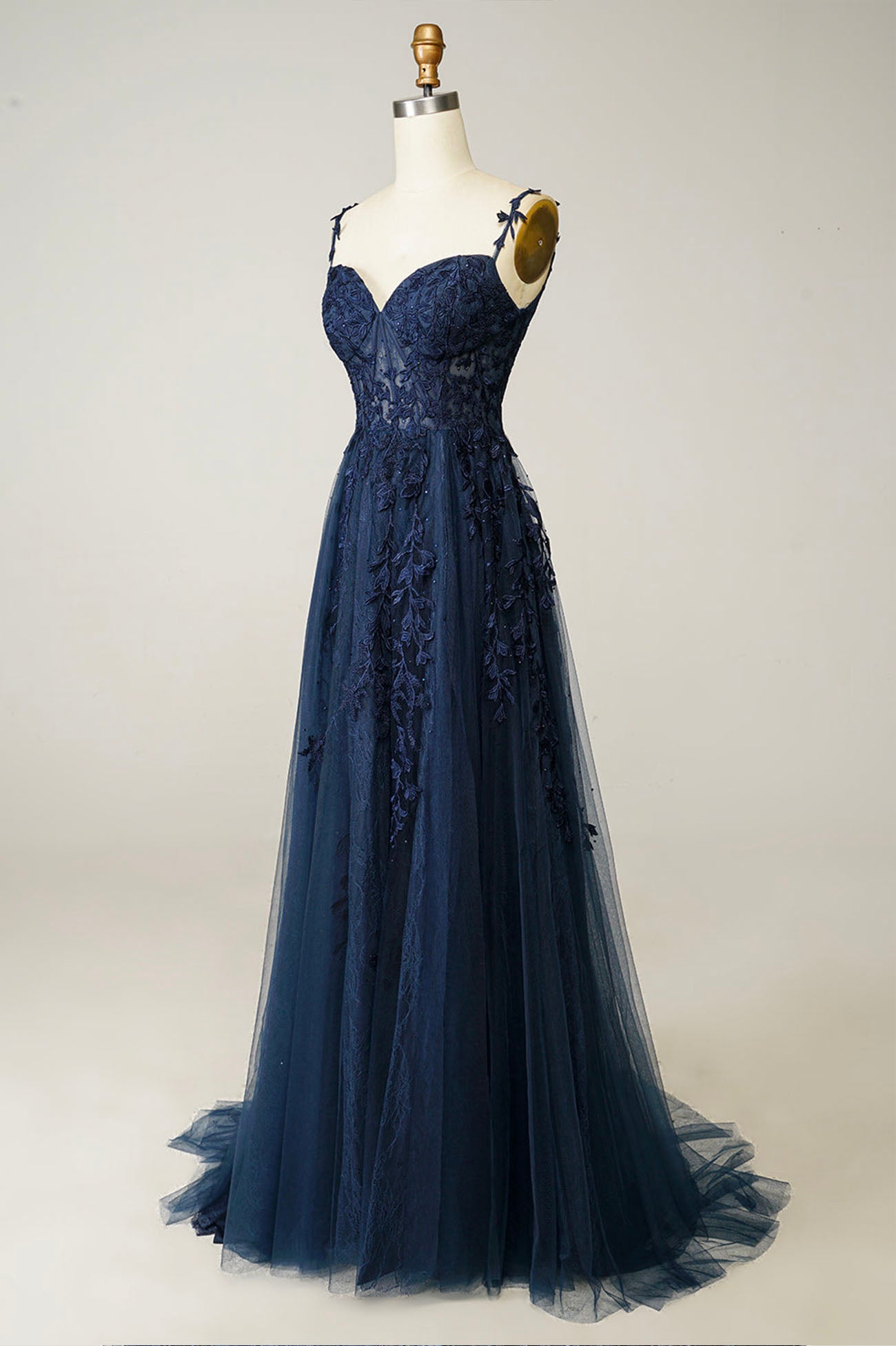 Navy Tulle and Lace Long Prom Dress, Lovely Spaghetti Strap Evening Dress US 2 / Custom Color Navy Tulle and Lace Long Prom Dress, Lovely Spaghetti Strap Evening Dress US 2 / Custom Color
