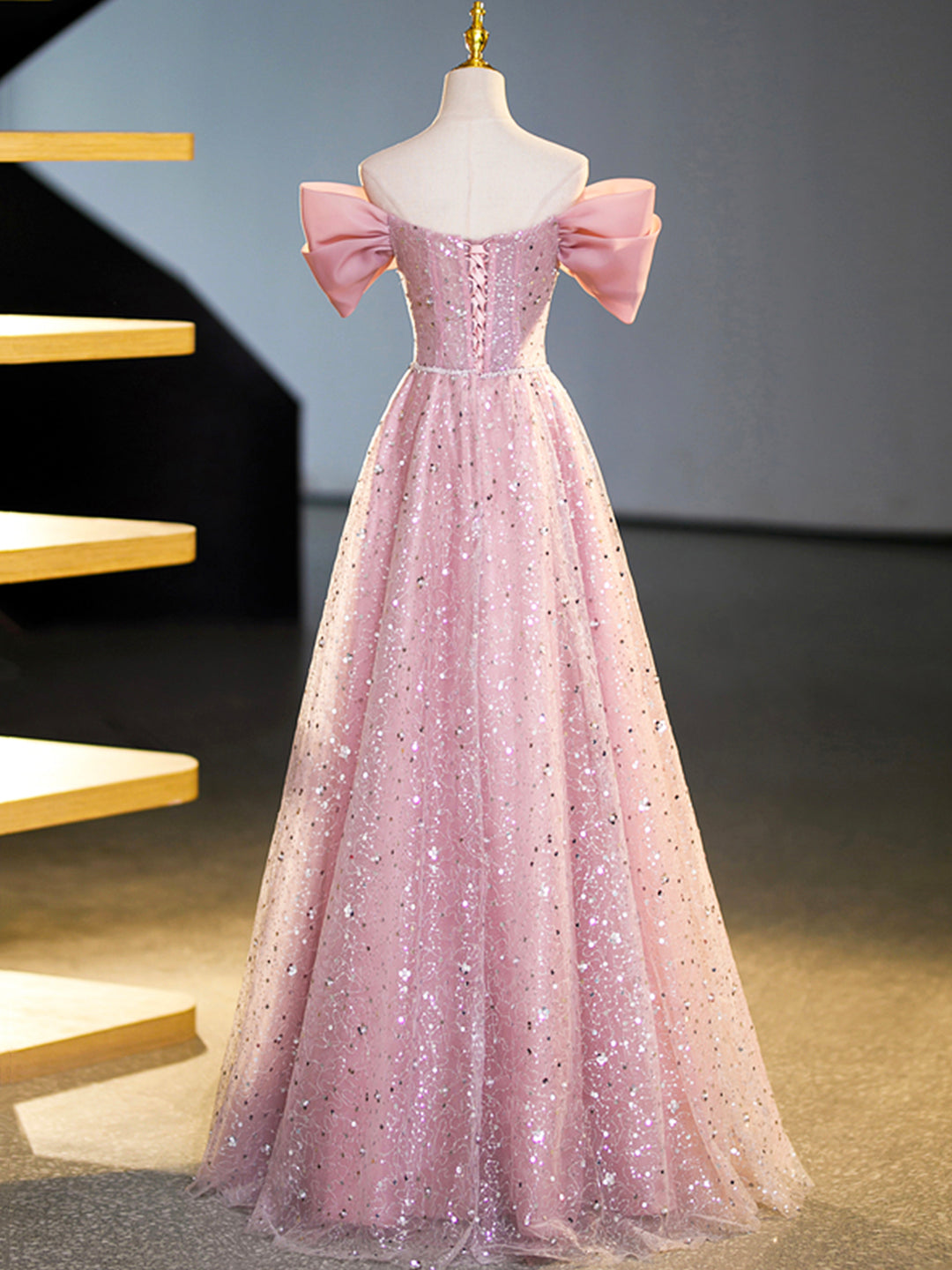 Sparkly Off-Shoulder Sequins Floor Length Formal Dress, Beautiful Pink