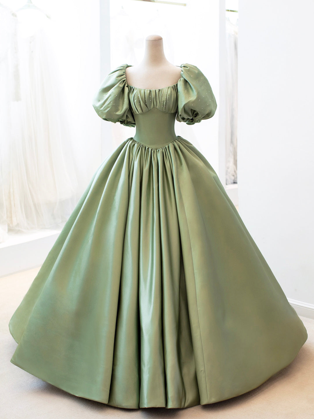 green satin dress with puff sleeves Julie Green Satin Puff Sleeve Mini Dress