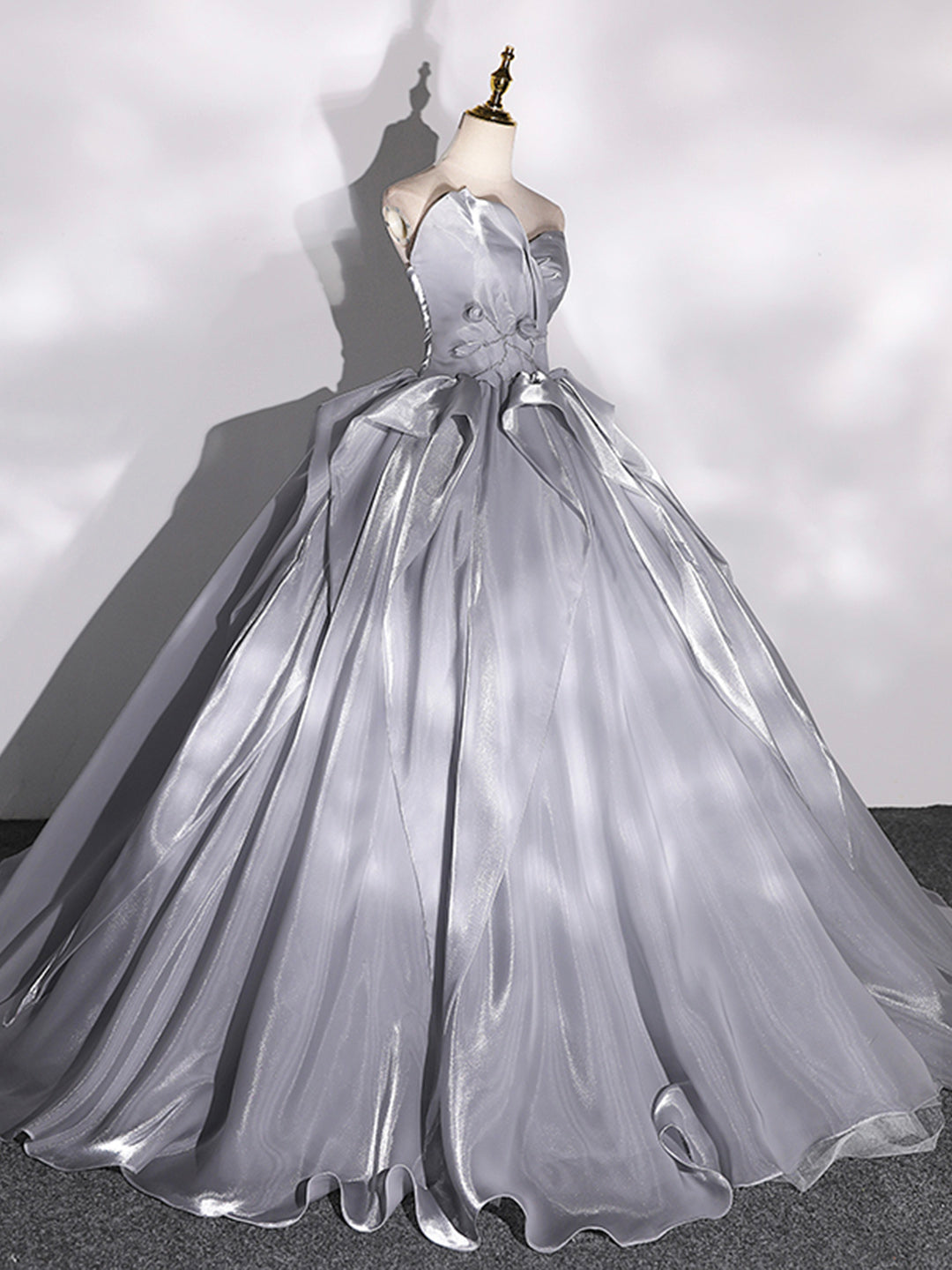 grey ball dress Grey A Line V Neck Long Appliques Tulle Prom Dress, Gray Split Long Evening Dress UQ2236