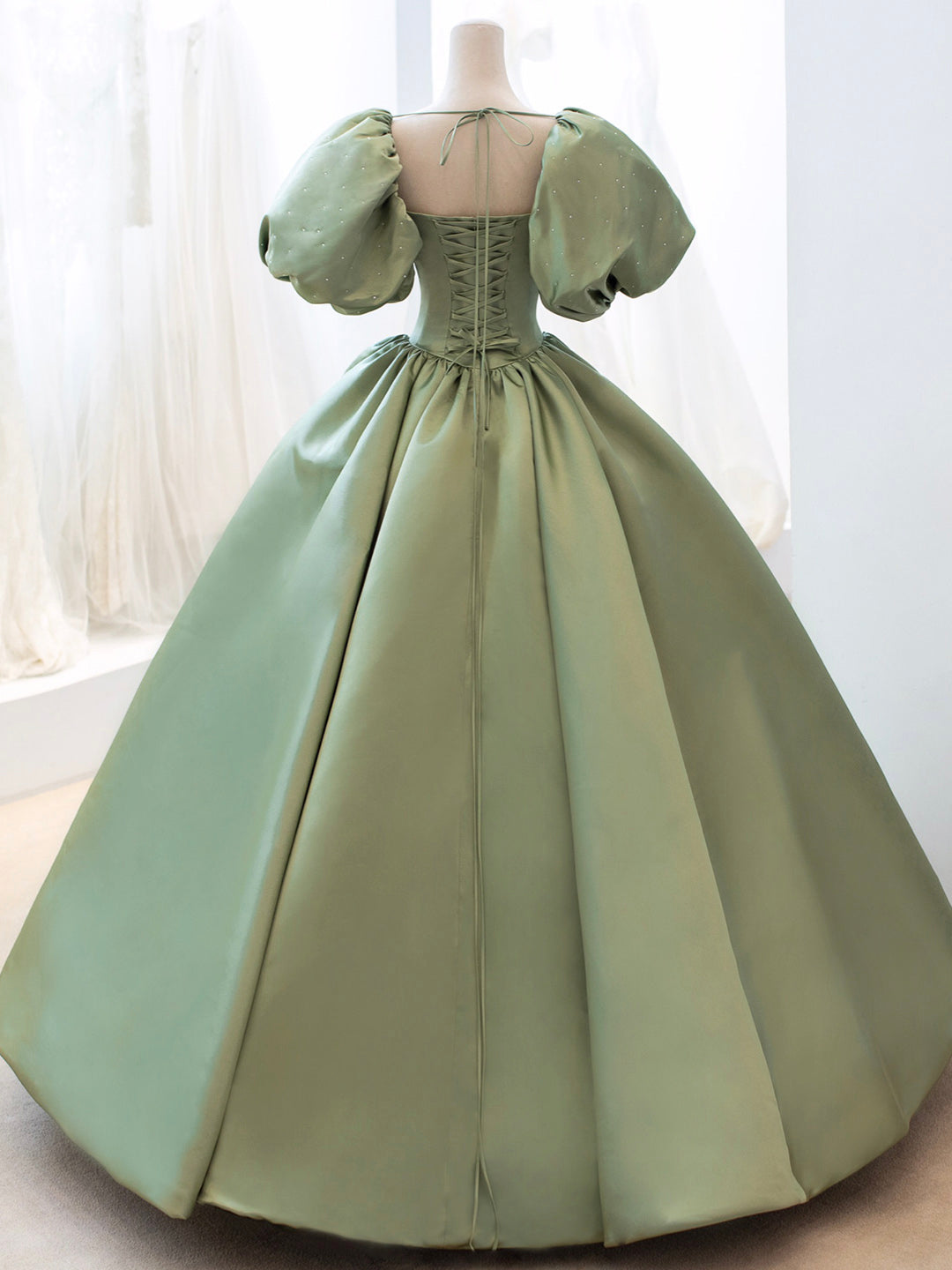 Green Satin Formal Evening Gown with Puff Sleeve, A-Line Long Prom Dress Custom Size / Green Green Satin Formal Evening Gown with Puff Sleeve, A-Line Long Prom Dress Custom Size / Green