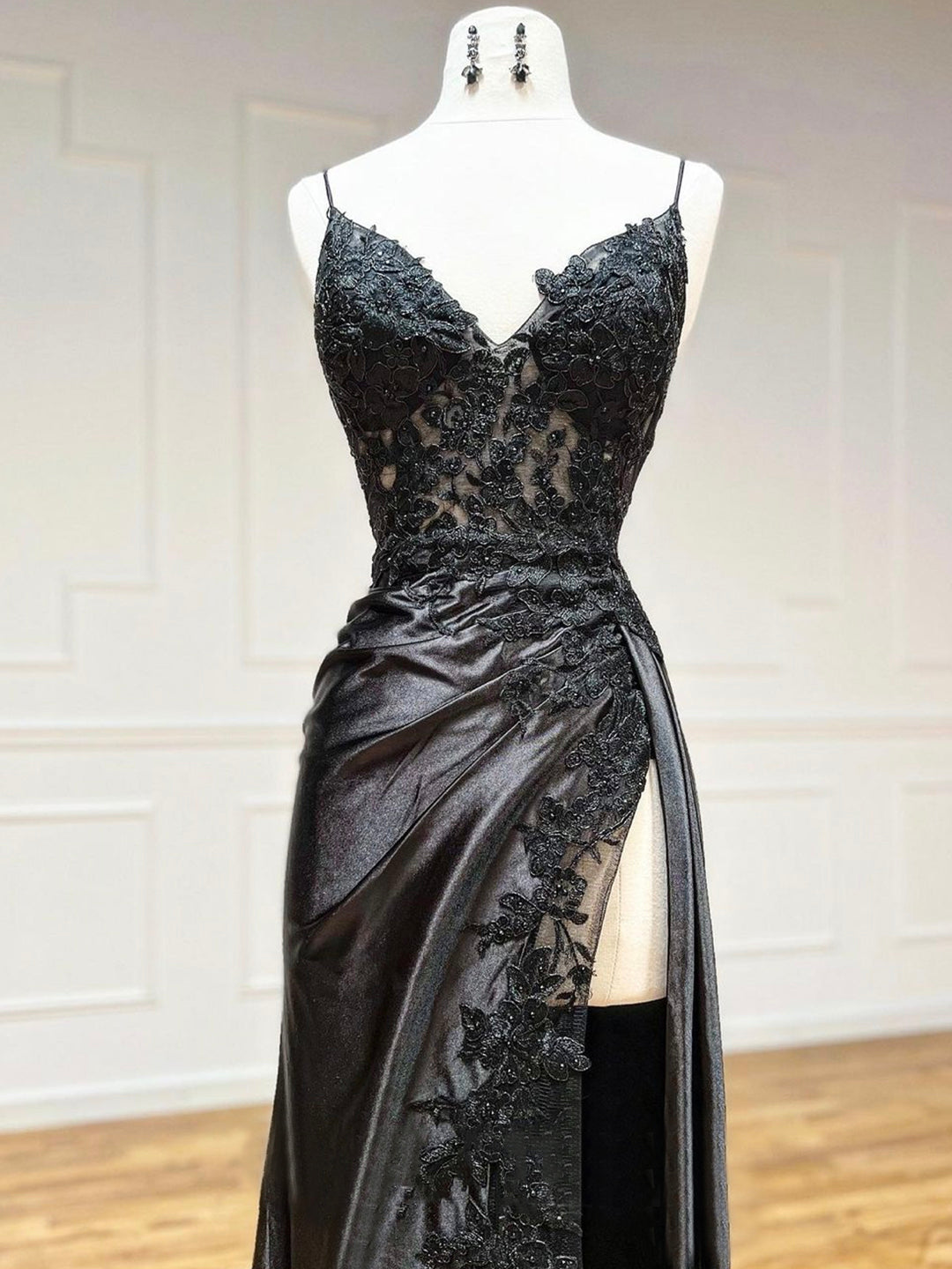 loveangeldress V-Cut Black Satin Prom Gown with High Leg Slit US12 / Custom Made(Leave Note About Color Number from The Color Swatches)
