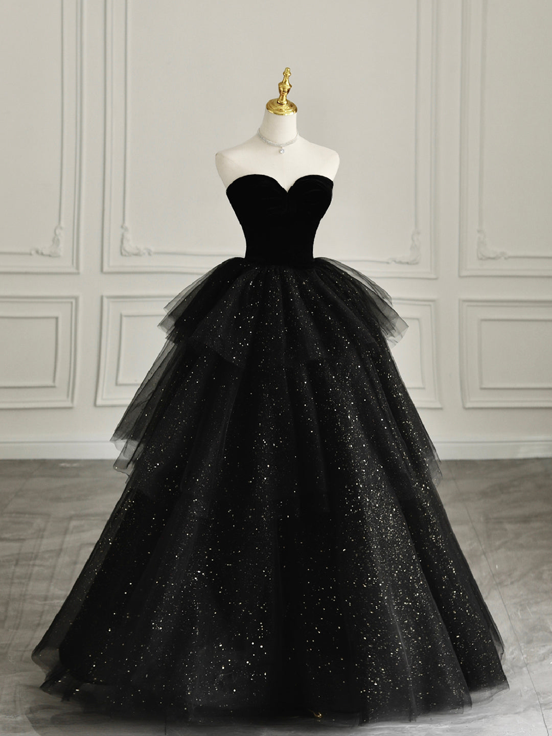 Black Strapless Tulle Formal Dress with Velvet, A-Line Sweetheart Neck