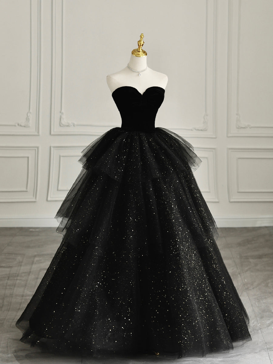 Vintage 1950s Strapless Old School Prom Dresses Black Strapless Tulle Formal Dress With Velvet, A-Line Vintage 1950s Strapless Old School Prom Dresses Black Strapless Tulle Formal Dress With Velvet, A-Line
