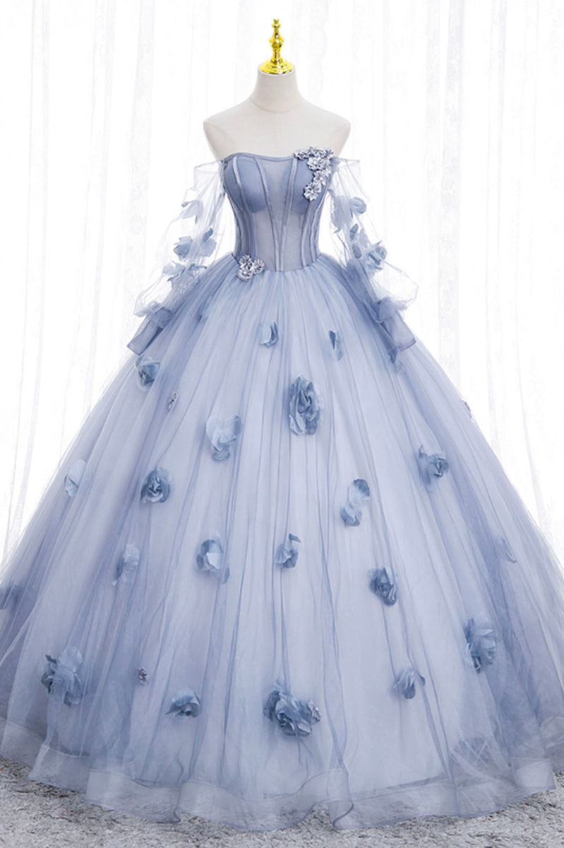 Blue Tulle Long Sleeve Prom Dress, A-Line Off the Shoulder Evening Gow ...