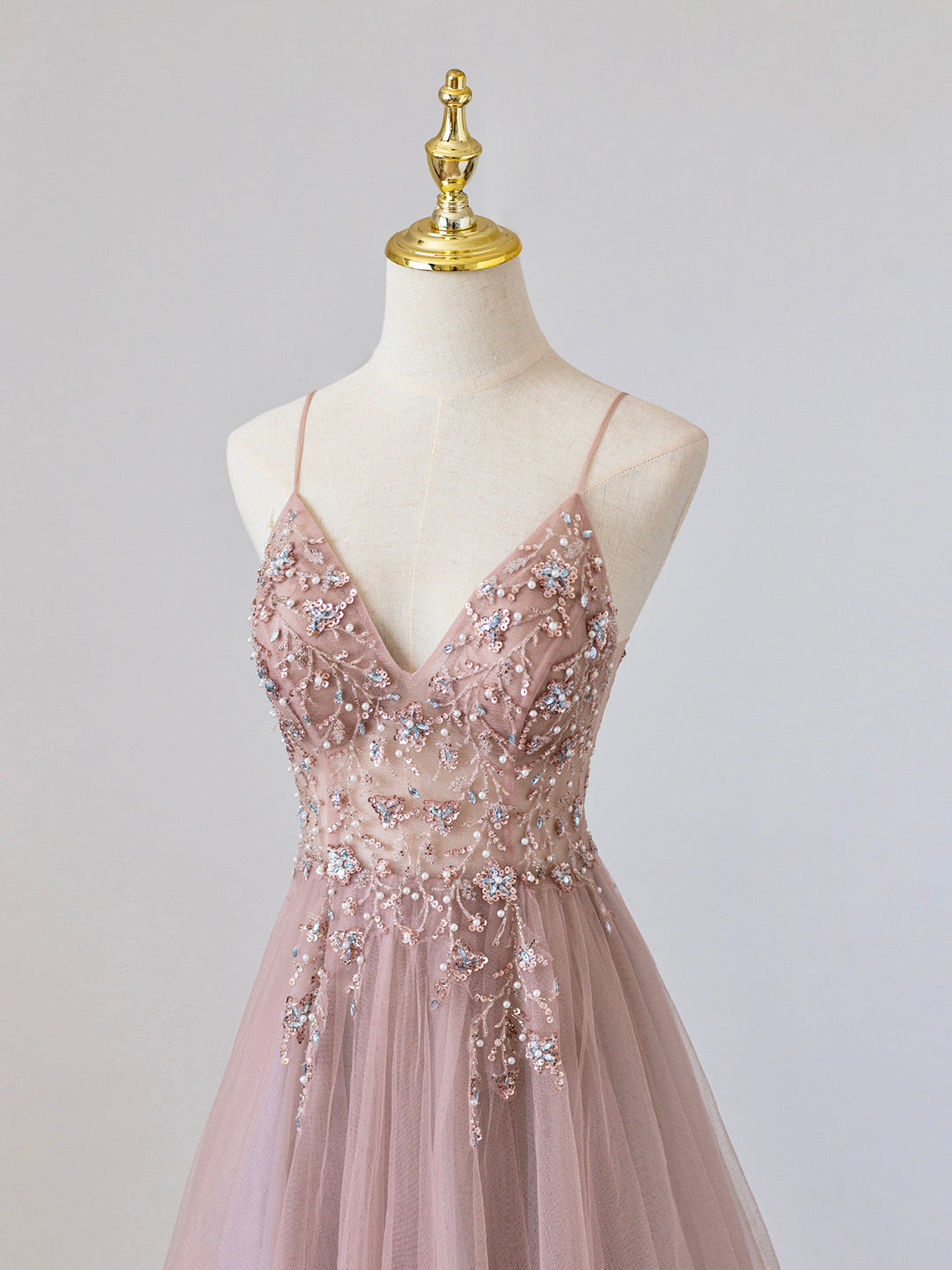 Pink V-Neck Tulle Long Prom Dress with Beaded, Pink Spaghetti Strap Ev Loveydress Pink V-Neck Tulle Long Prom Dress with Beaded, Pink Spaghetti Strap Ev Loveydress