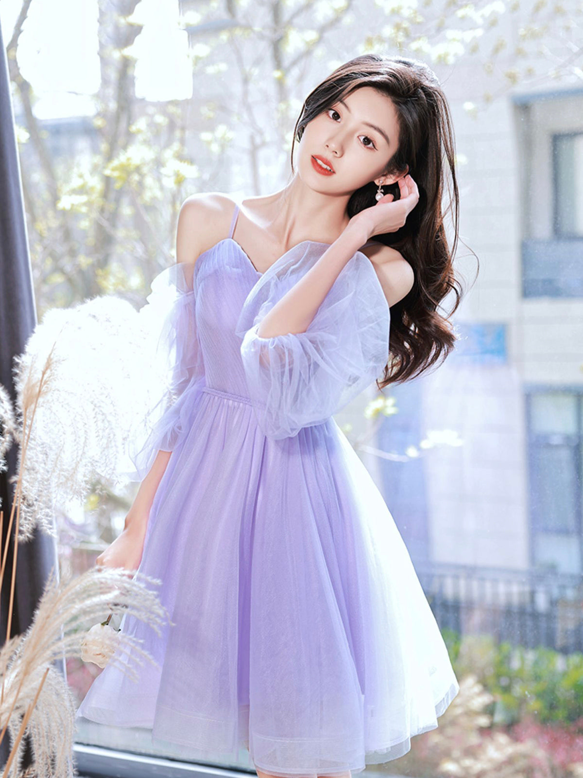 Lovely Lavender Short Prom Dress, Off the Shoulder Homecoming Dress Pa