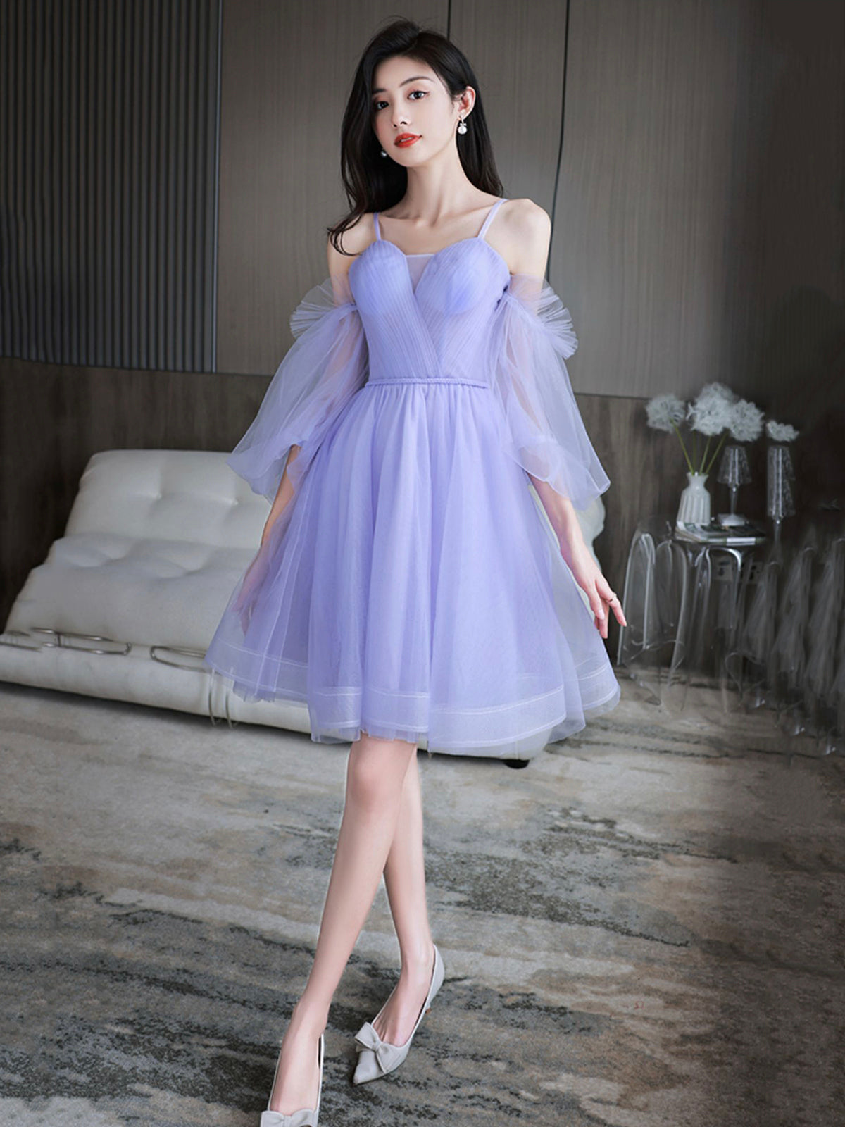 Lovely Lavender Short Prom Dress, Off the Shoulder Homecoming Dress Pa