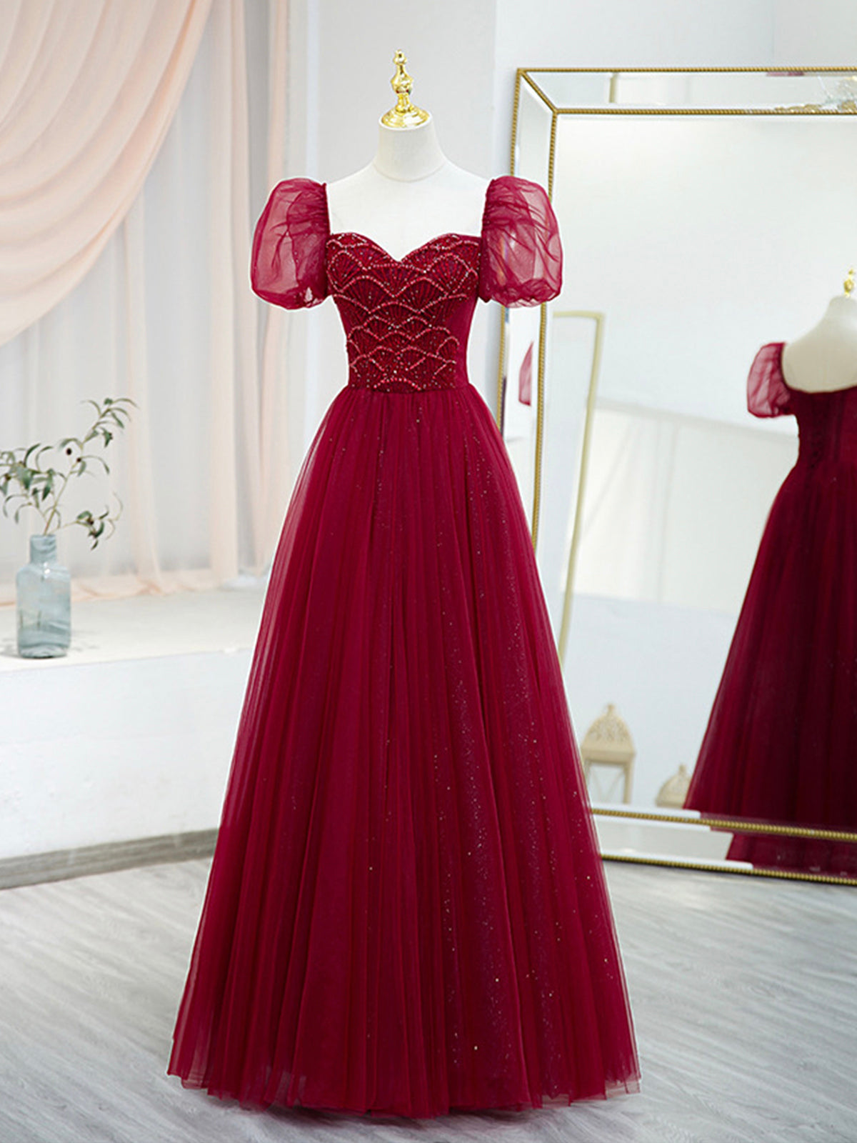 Burgundy Tulle Beaded Long Prom Dress, A-Line Short Sleeve Evening Dre – Loveydress