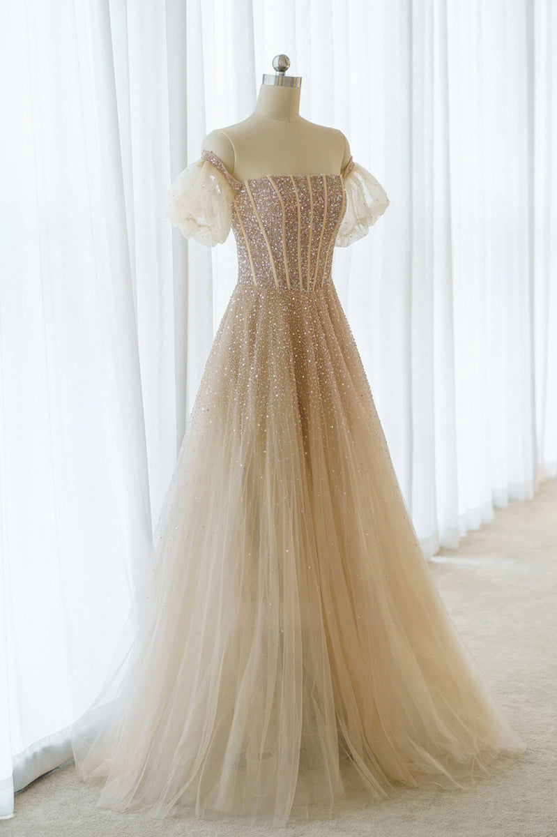 A-Line Tulle Beaded Long Prom Dress, Champagne Short Sleeve Evening Dr   Loveydress