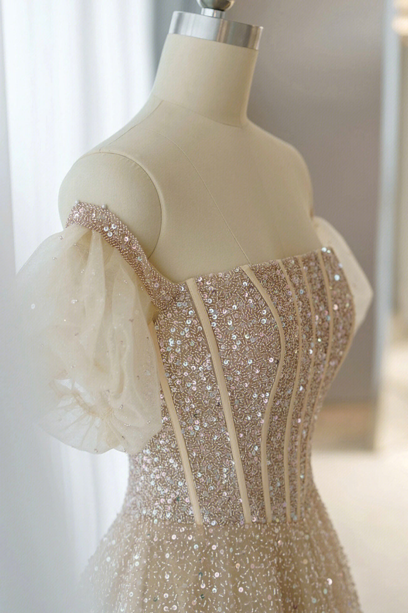 A-Line Tulle Beaded Long Prom Dress, Champagne Short Sleeve Evening Dr Loveydress A-Line Tulle Beaded Long Prom Dress, Champagne Short Sleeve Evening Dr Loveydress