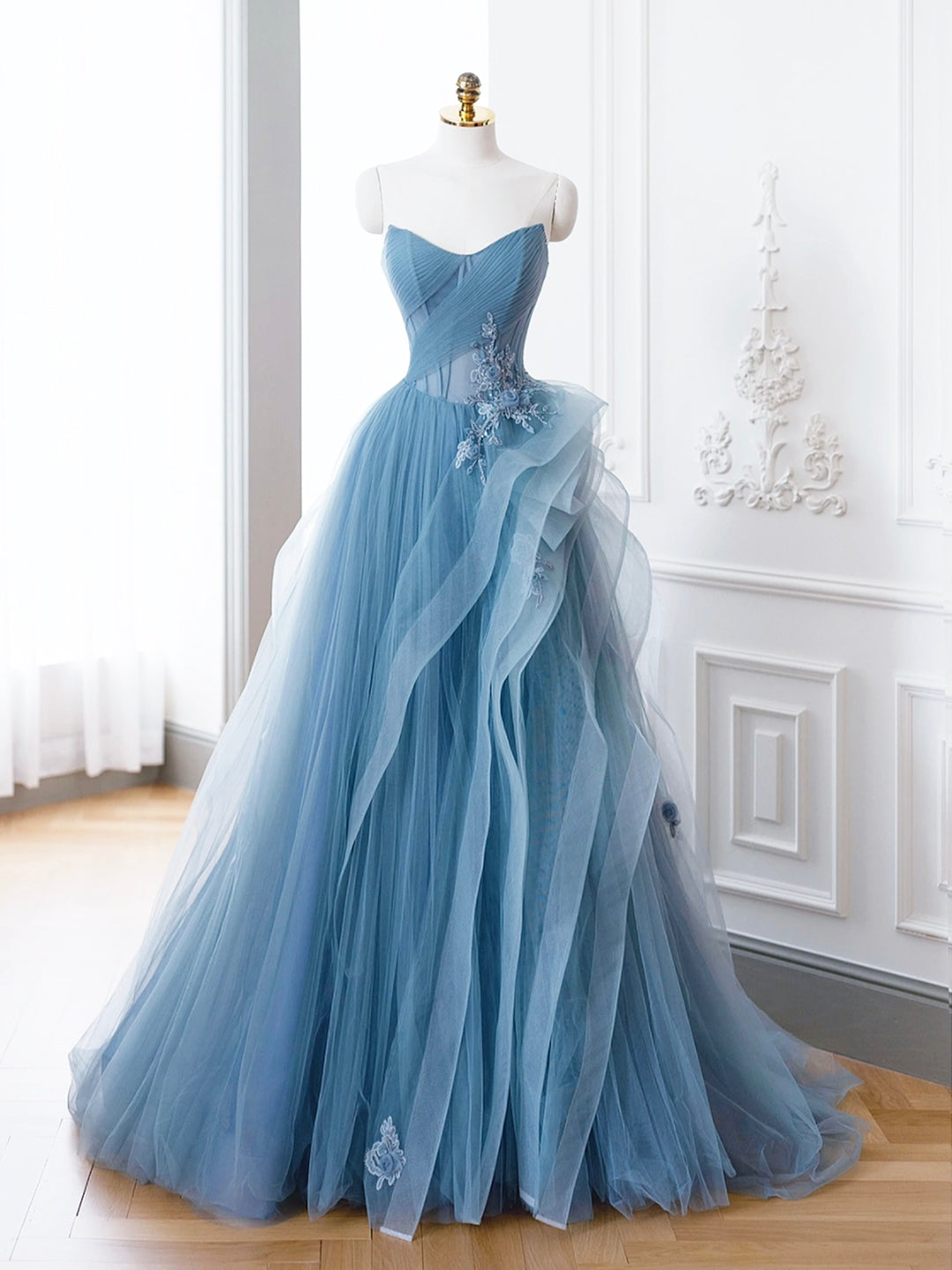 Blue Tulle Lace Long Formal Dress, A-Line Blue Evening Prom Dress Custom Size / Blue Blue Tulle Lace Long Formal Dress, A-Line Blue Evening Prom Dress Custom Size / Blue