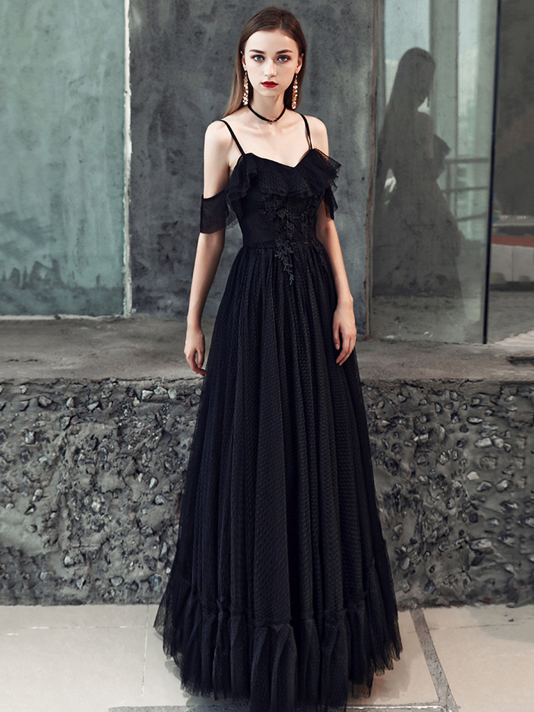 Black Spaghetti Strap Tulle Floor Length Formal Dress, A-Line Black Pa