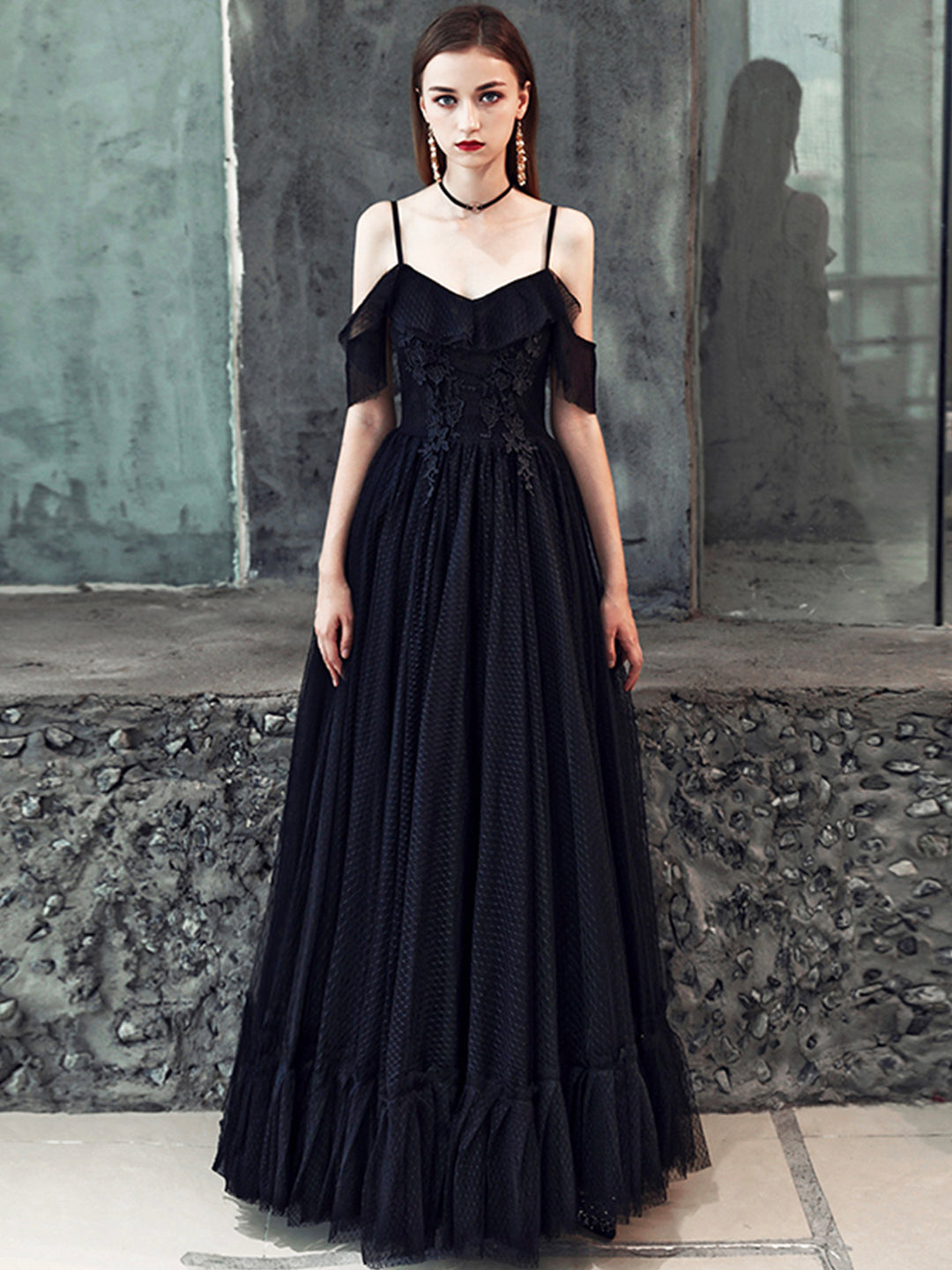Black Spaghetti Strap Tulle Floor Length Formal Dress, A-Line Black Pa