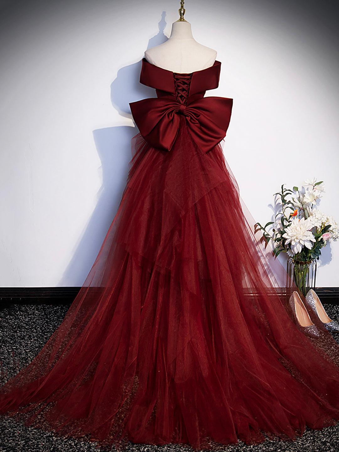 Burgundy V-Neck Satin Long Prom Dress, Mermaid Off Shoulder Evening Dress with Bow US 6 / Custom Color Burgundy V-Neck Satin Long Prom Dress, Mermaid Off Shoulder Evening Dress with Bow US 6 / Custom Color