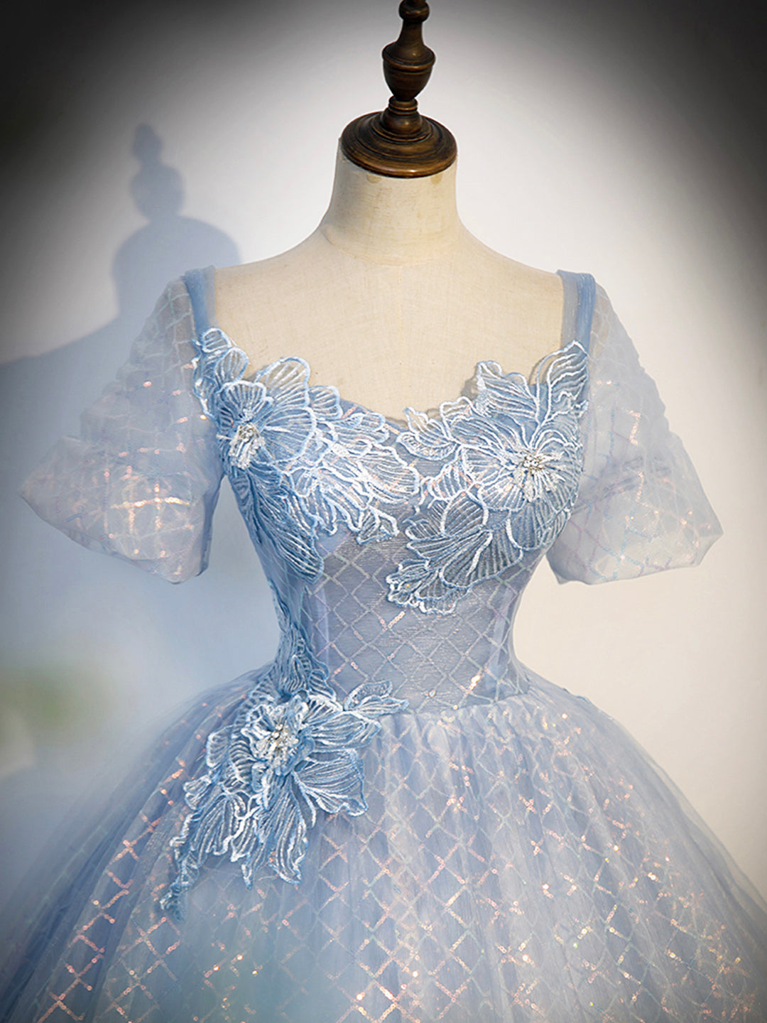 Blue Tulle Lace Long Prom Dress, Shiny A-Line Short Sleeve Evening Dress US 12 / Custom Color Blue Tulle Lace Long Prom Dress, Shiny A-Line Short Sleeve Evening Dress US 12 / Custom Color