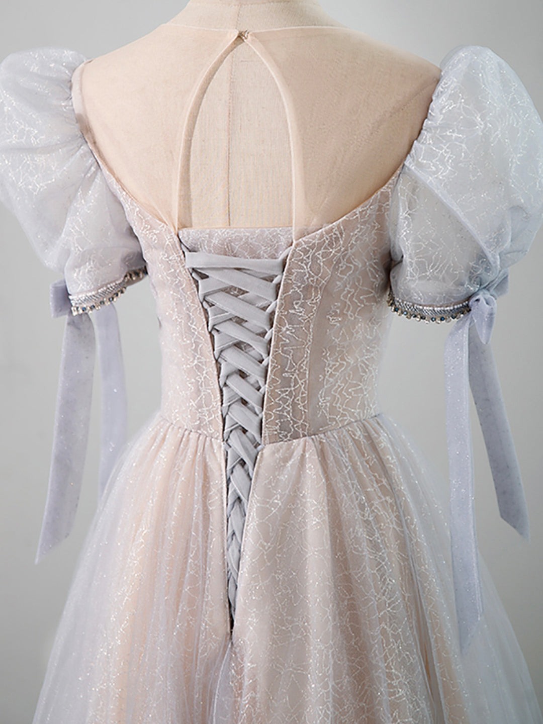 Cute Tulle Beaded Long Prom Dress, A-Line Short Sleeve Evening Dress ...