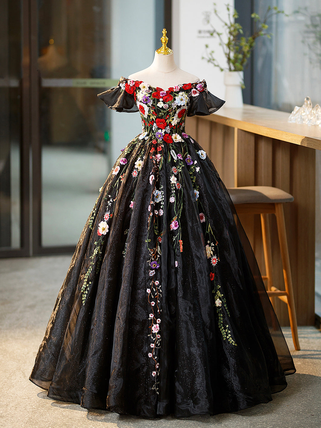 Black Tulle Long Prom Dress with Lace Flowers, Beautiful Off Shoulder Evening Gown US 8 / Black Black Tulle Long Prom Dress with Lace Flowers, Beautiful Off Shoulder Evening Gown US 8 / Black