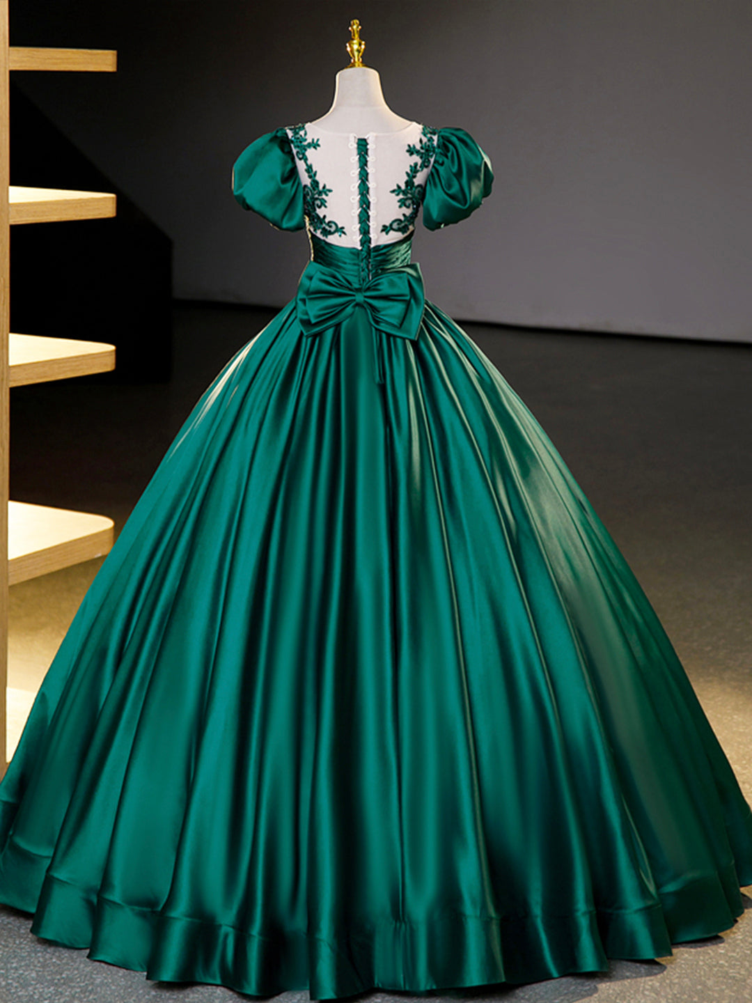 Green Satin Lace Floor Length Formal Dress, Short Sleeve A-Line Evenin