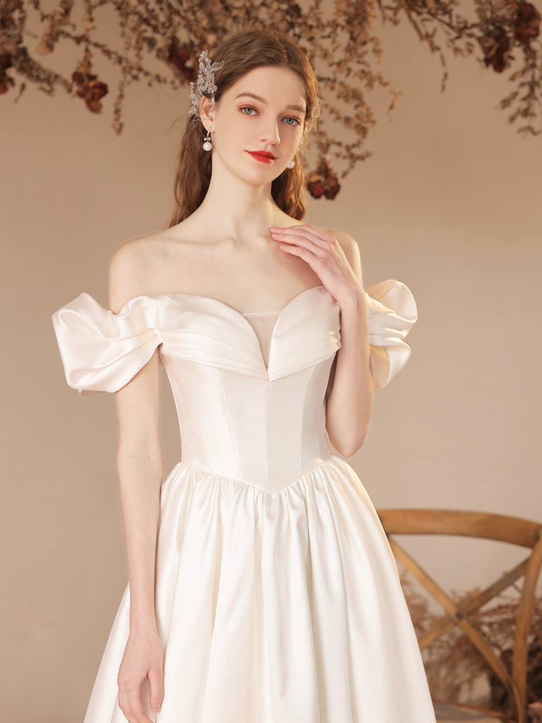 White Satin Floor Length Formal Dress, A-Line Off Shoulder Evening Dre