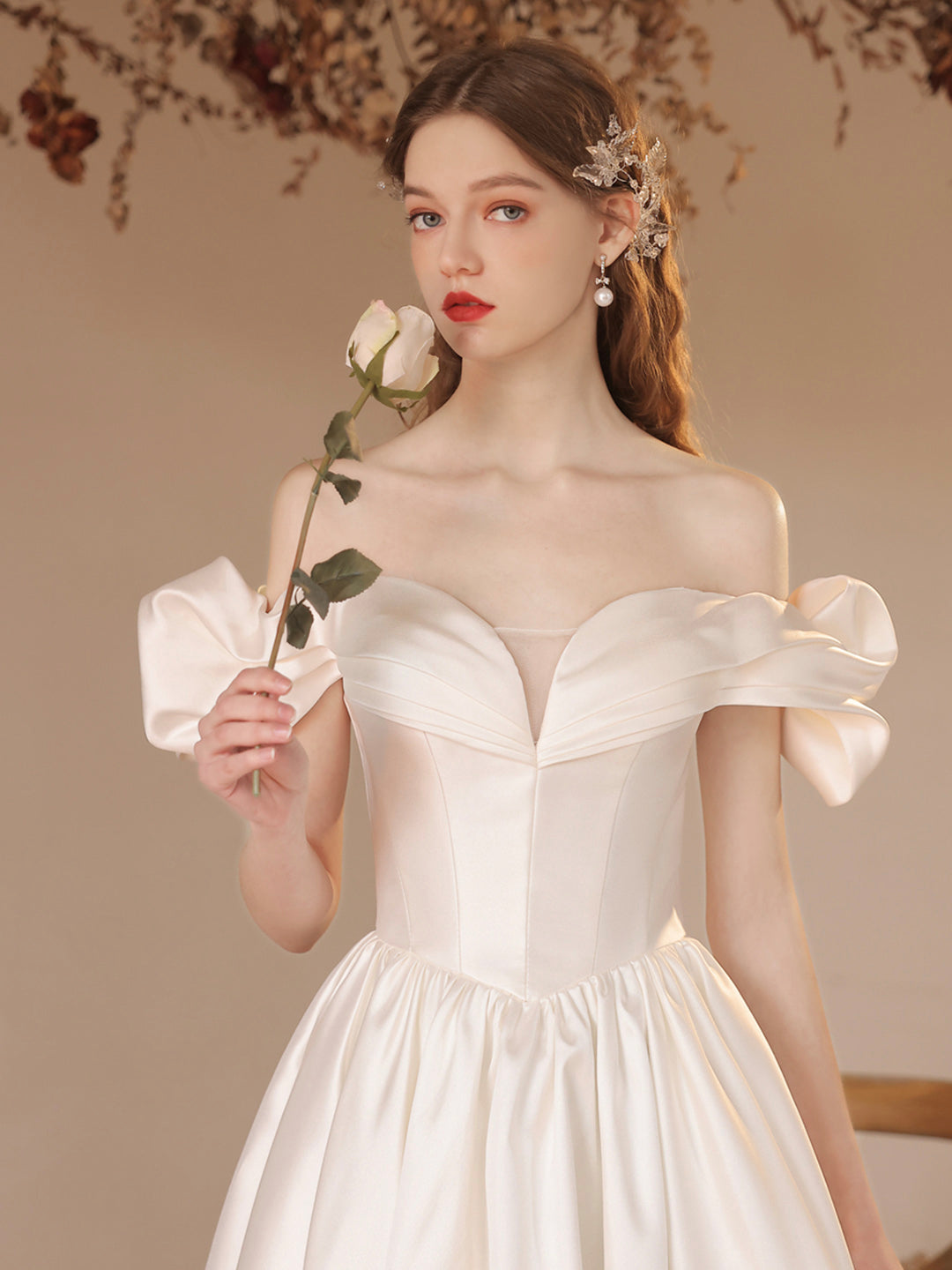 White Satin Floor Length Formal Dress, A-Line Off Shoulder Evening Dre