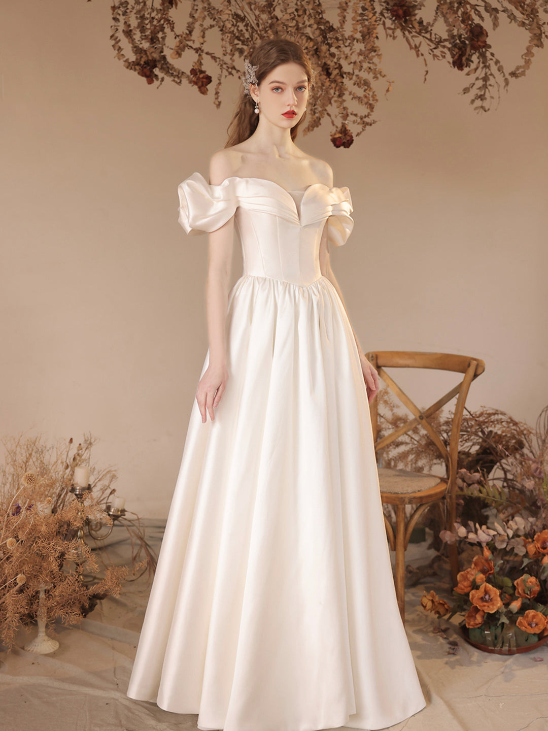 White Satin Floor Length Formal Dress, A-Line Off Shoulder Evening Dre