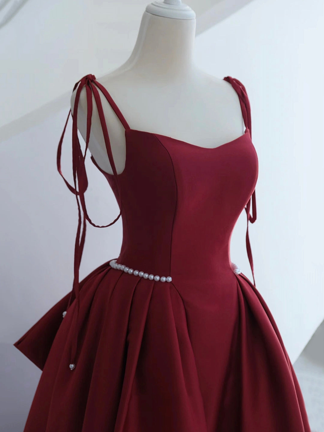 short maroon dresses for prom Burgundy Satin Long Prom Dress, A-Line Evening Dress with Bow US 14 / Burgundy