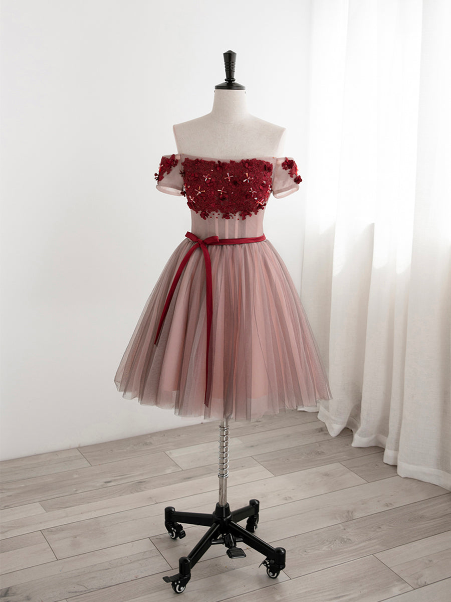 Cute Tulle Lace Short Prom Dress, Off the Shoulder Evening Dress ...
